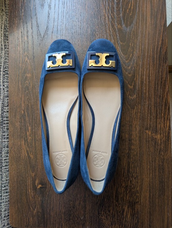Tory Burch Shoes - Tory Burch Gigi Blue Suede Gold Logo Slip-on Flats Shoes